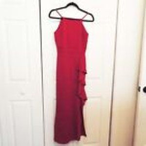 SWEET STORM SOPHISTICATED RICH RED LONG LEAN FLOUNCE HIGH SIDE SLIT DRESS SZ S